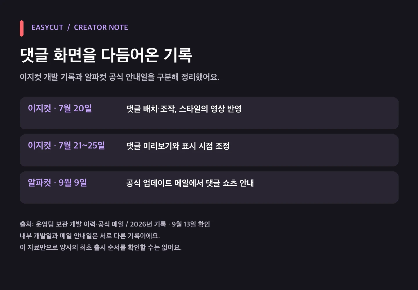 운영팀이 정리한 2026년 개발 기록과 공식 안내일. 메일 원본 캡처가 아니며 최초 출시 순서를 뜻하지 않아요.