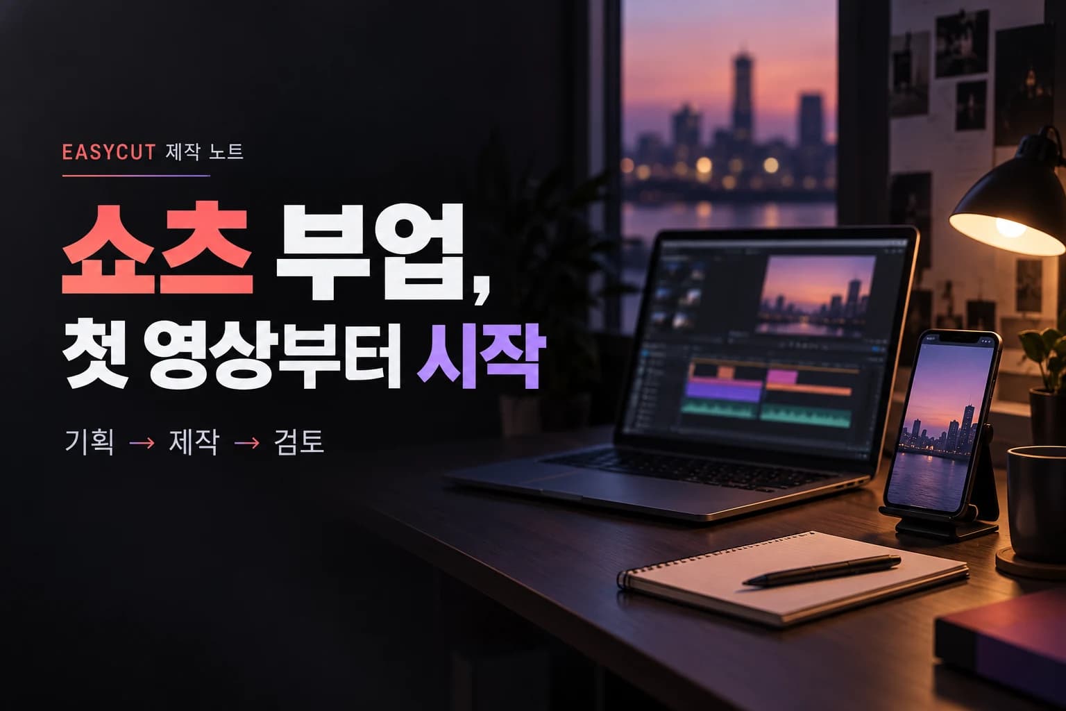 쇼츠 부업, 무엇부터 시작할까? 첫 영상까지 5단계 — 쇼츠 부업의 첫 목표는 영상을 한 편 완성해 보는 것. AI로 제작한 설명용 이미지입니다.