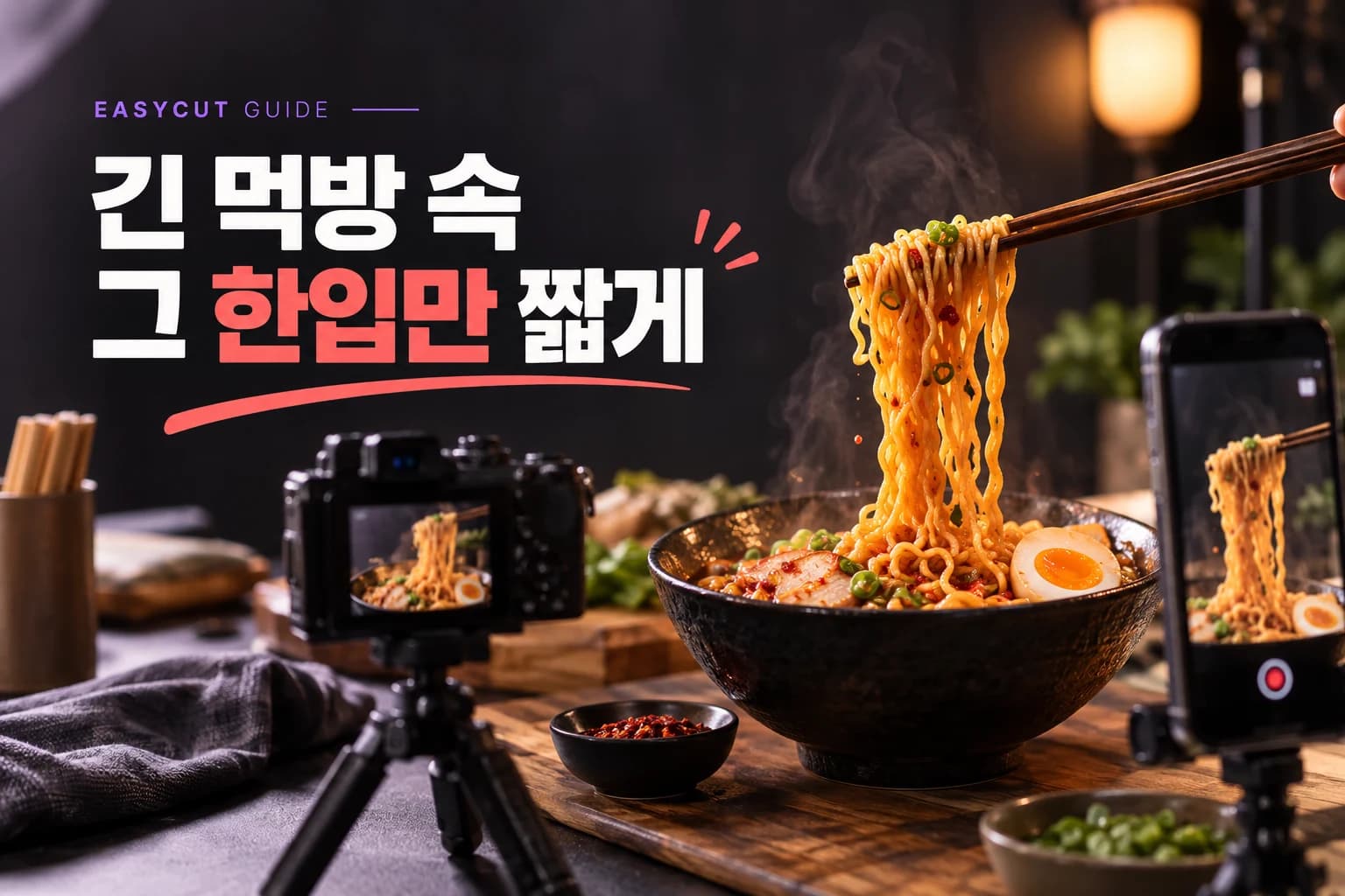 먹방 쇼츠 편집, 긴 영상 속 ‘그 한입’만 짧게 꺼내기 — AI로 제작한 주제별 표지 이미지예요.