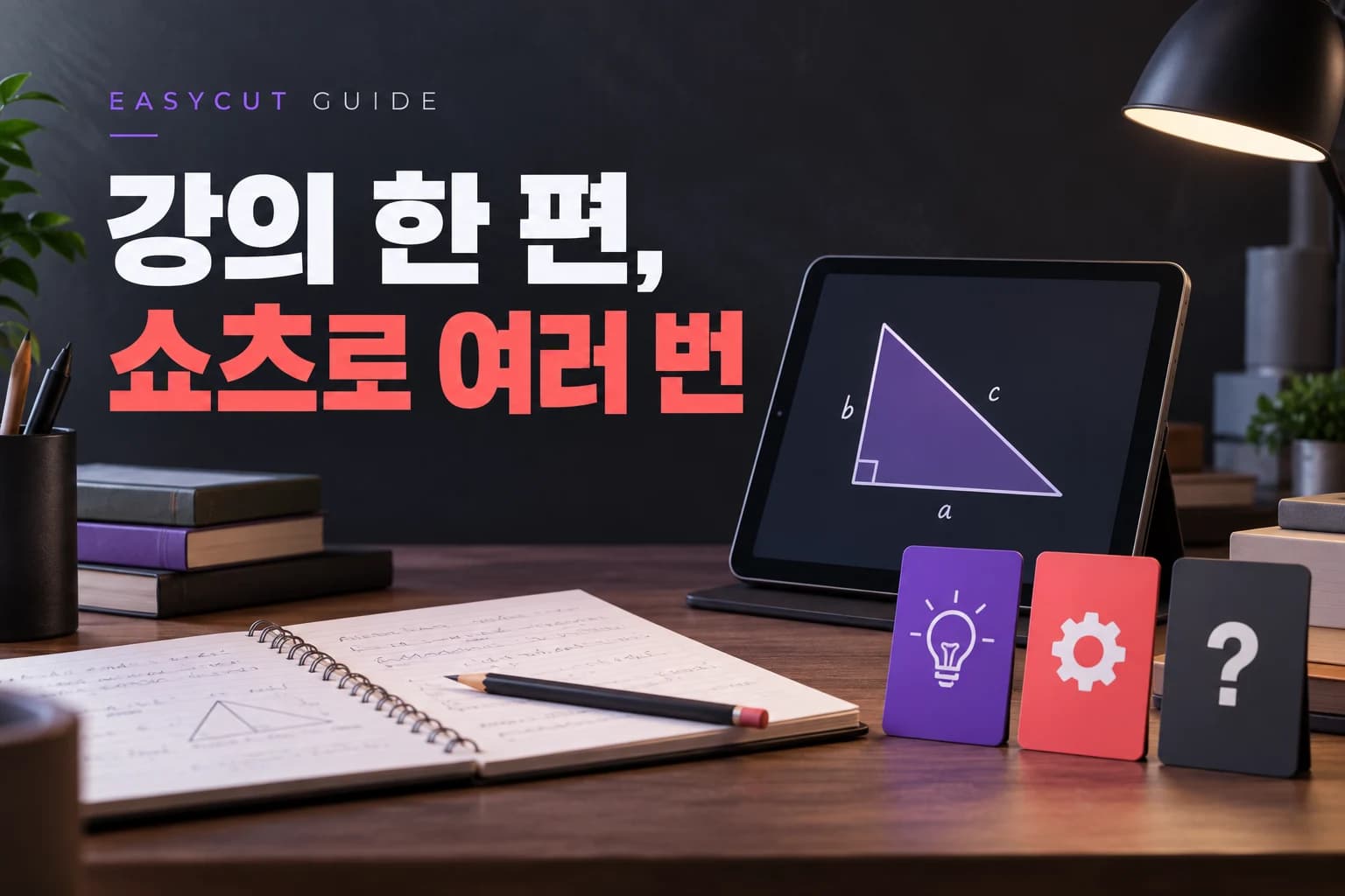강의 영상, 한 번 찍고 끝? 쇼츠로 여러 번 활용하는 법 — AI로 제작한 주제별 표지 이미지예요.