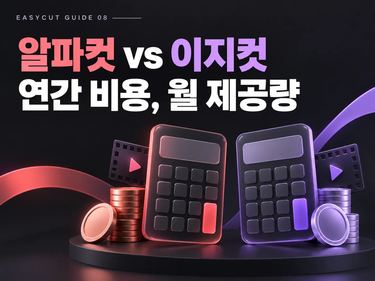 알파컷 Pro vs 이지컷 스타터: 비슷한 연간 비용에 원본 50분 더 — AI로 제작한 연간 비용 비교 표지입니다.