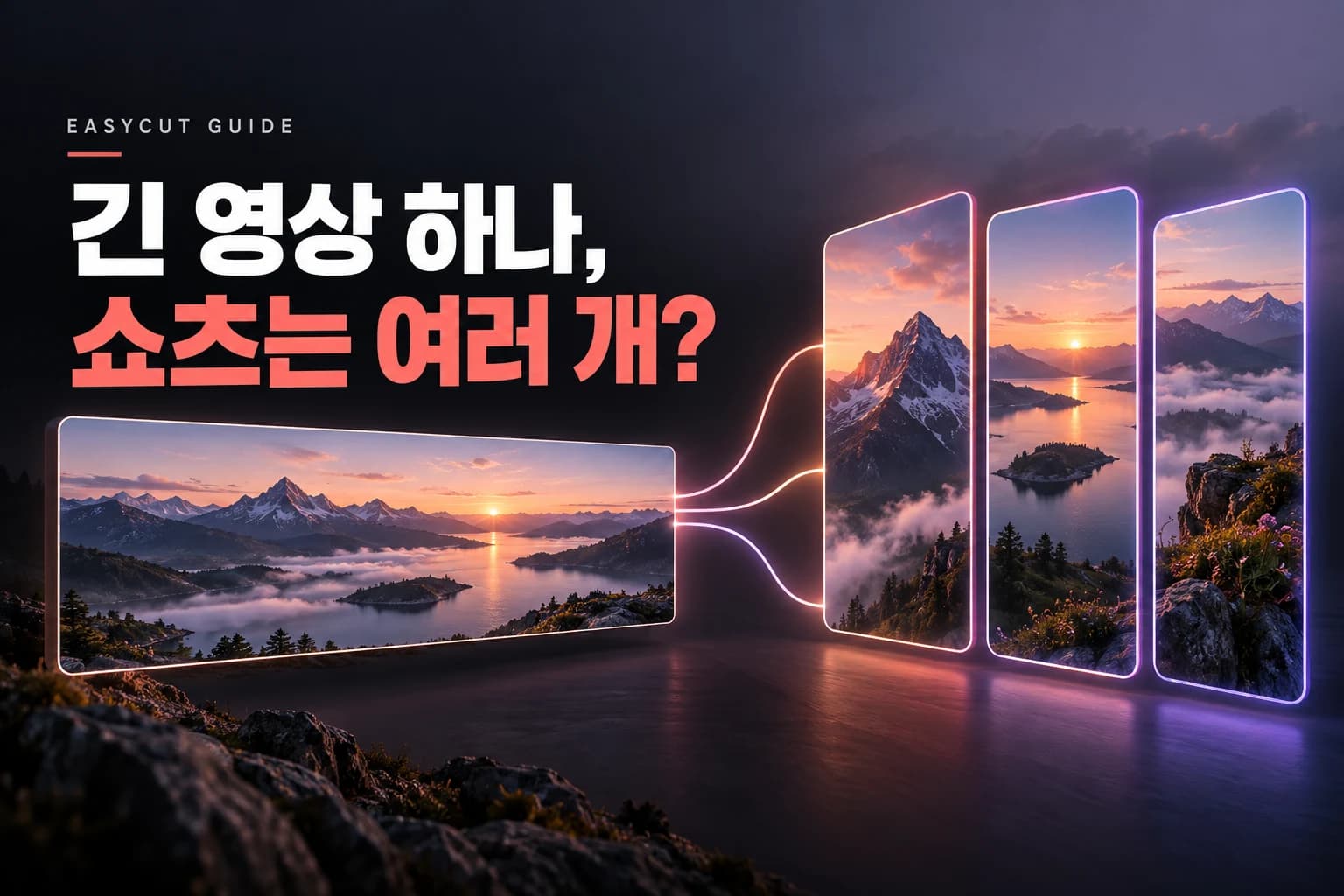 긴 영상 하나로 쇼츠 여러 개? AI 자동 편집으로 시작하기 — AI로 제작한 주제별 표지 이미지예요.