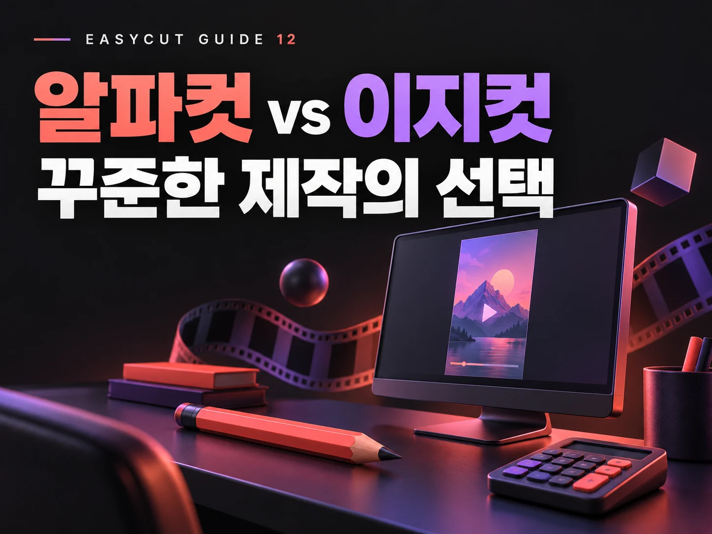 알파컷 vs 이지컷: 편집 기능과 연간 비용, 꾸준한 제작이라면? — AI로 제작한 편집·비용 종합 비교 표지입니다.