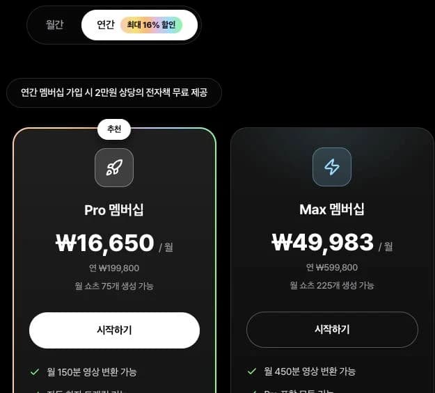 알파컷 공식 로그인 계정의 연간 선택 화면. Pro는 연 199,800원·월 150분으로 표시됩니다.