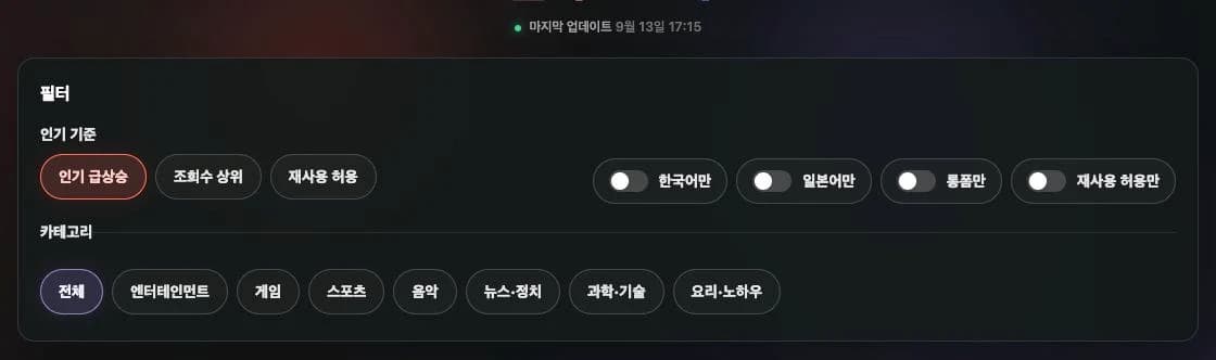 이지컷 실시간 인기의 실제 필터 영역. 조회수 상위·재사용 허용·언어·롱폼 조건을 확인할 수 있어요. 2026.09.13 캡처.