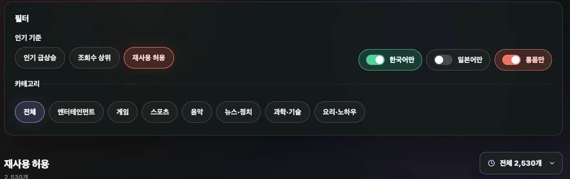 재사용 허용 기준에 한국어만·롱폼만을 적용한 실제 화면입니다.