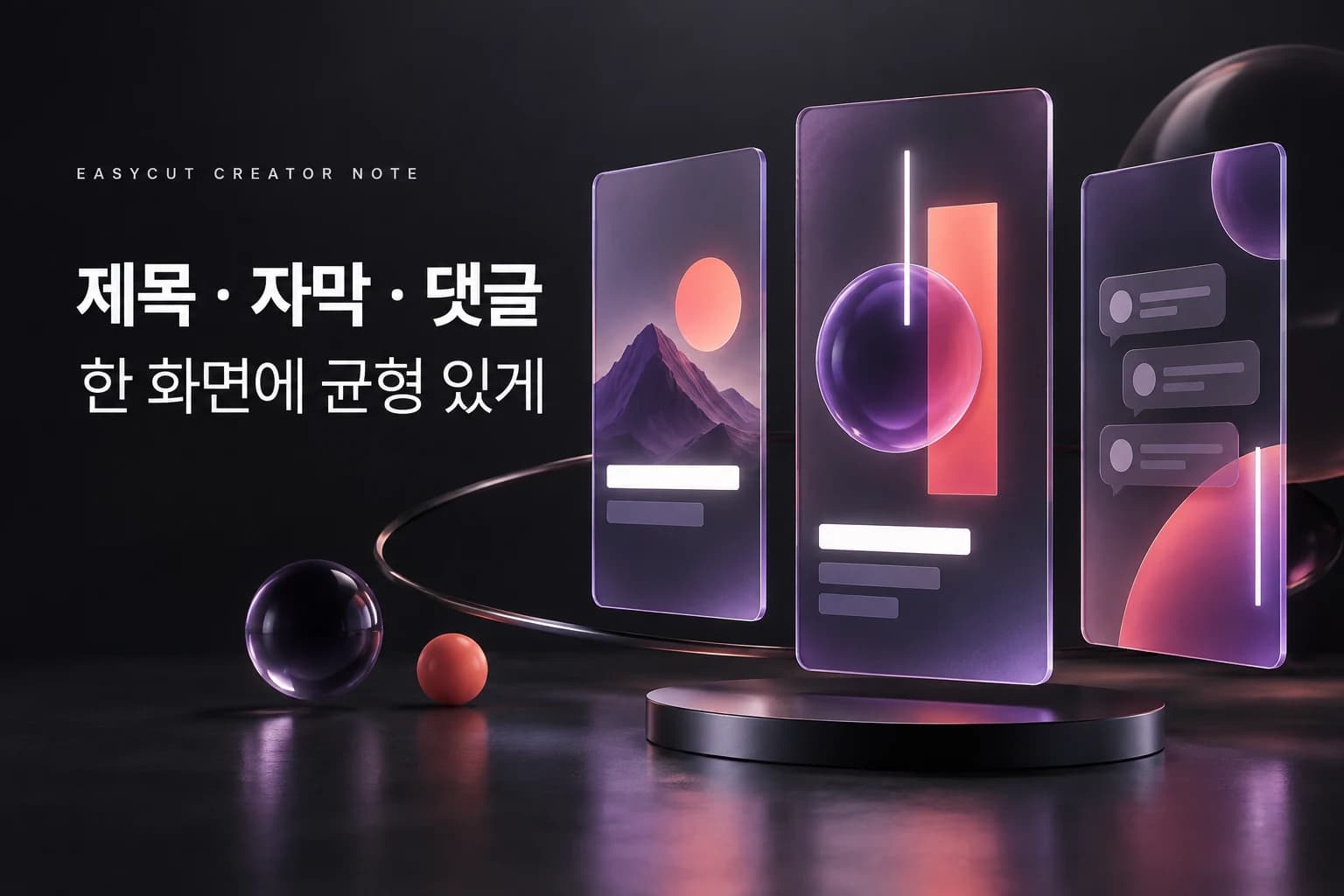 알파컷·이지컷 템플릿 비교: 제목·자막·댓글, 어디부터 꾸밀까요? — 제목·자막·댓글의 역할을 표현한 AI 설명용 이미지예요. 실제 서비스 화면은 아래에서 볼 수 있어요.